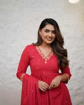 RED COLOURED  WOMEN'S VISCOSE DIAMOND GEORGETTE  EMBROIDERED   KURTA  WITH PANT DUPATTA  SET